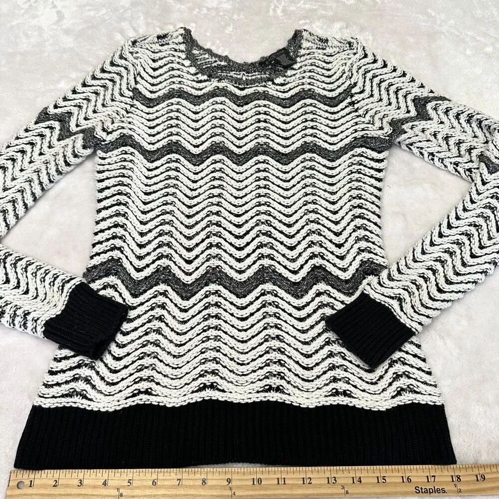 Etcetera Women's Black White Chevron Knit Cotton Blend Long Sleeve Sweater Sz M
